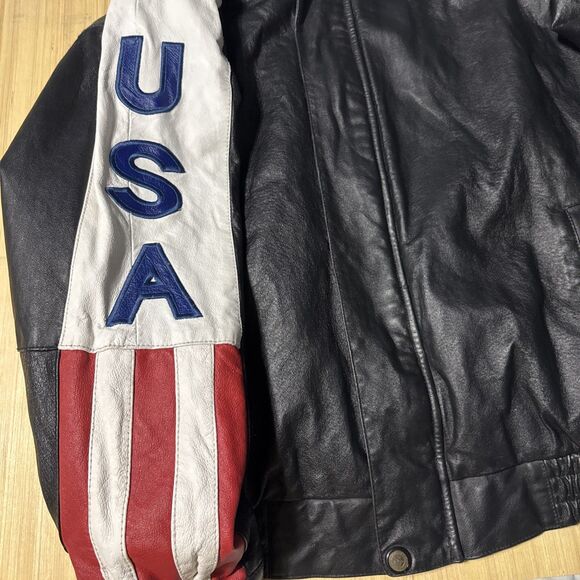 USA Flag Leather Bomber Jacket Men’s Medium USA Down The Sleeves Vintage Biker - Picture 2 of 16